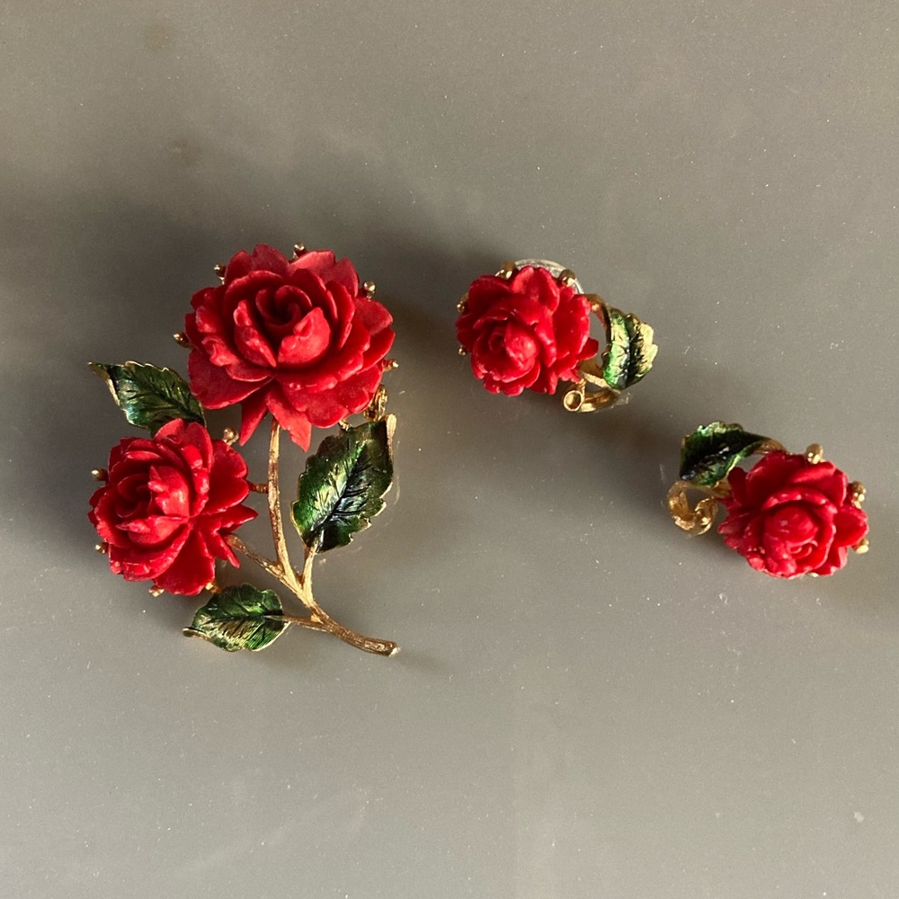 Vintage Rose Brooch & Earrings